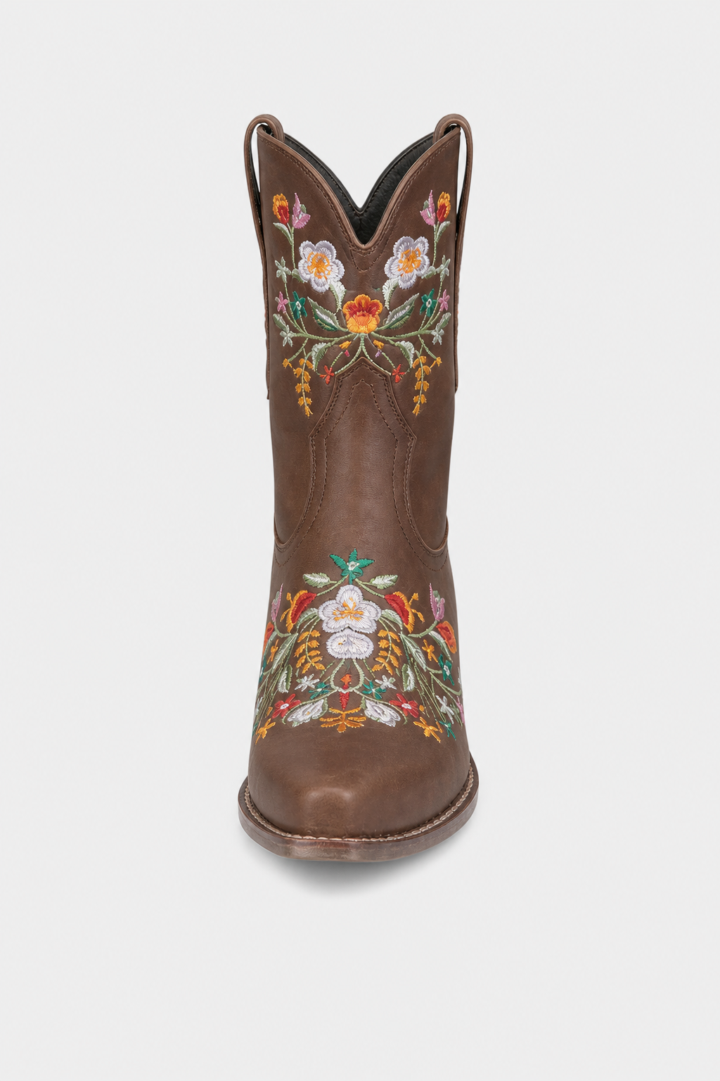 Bottes Santiags en Similicuir Marron à Broderies Florales