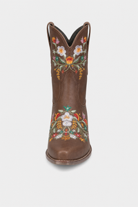Bottes Santiags en Similicuir Marron à Broderies Florales