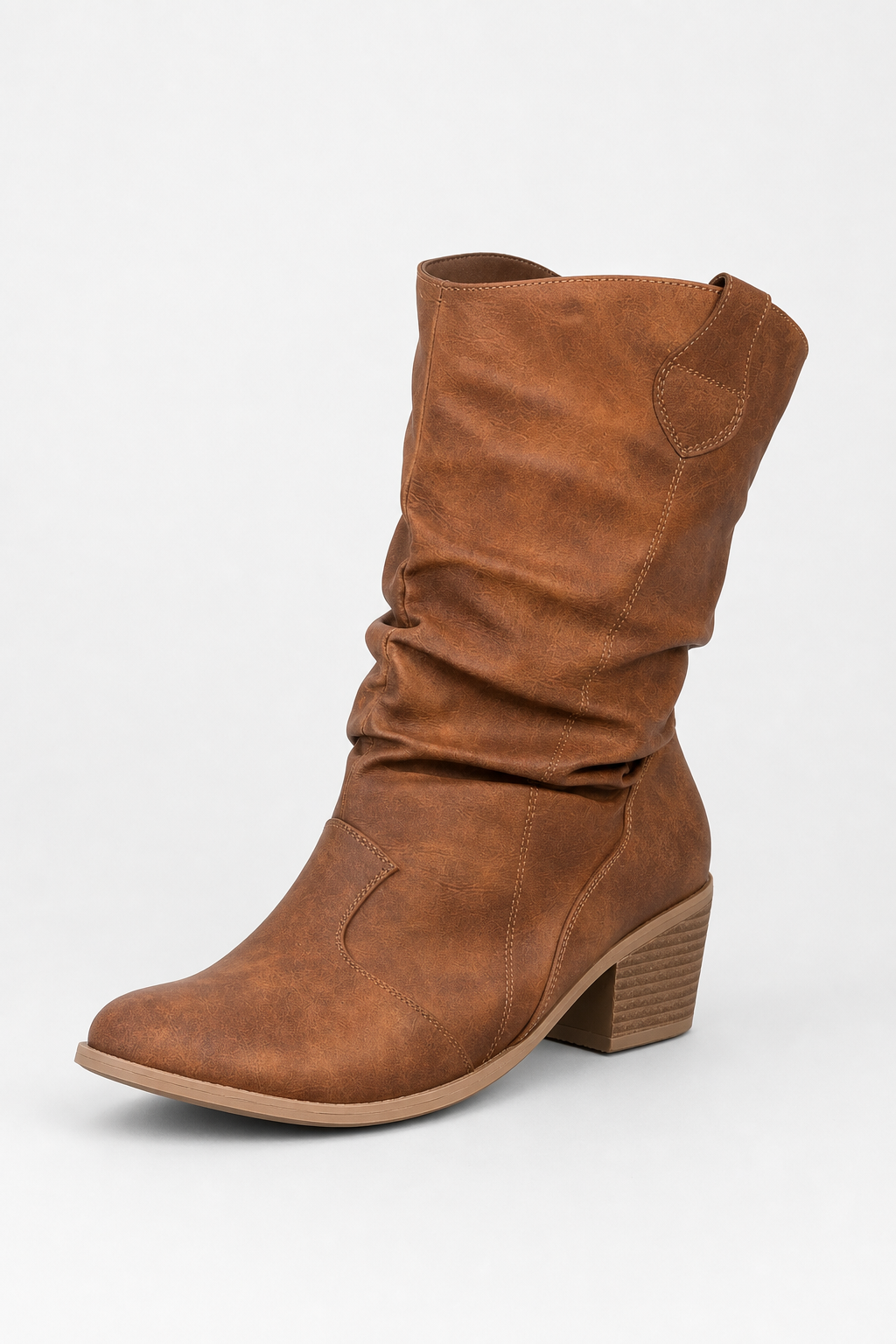 Bottes en Similicuir Marron Froncées à Talon Carré