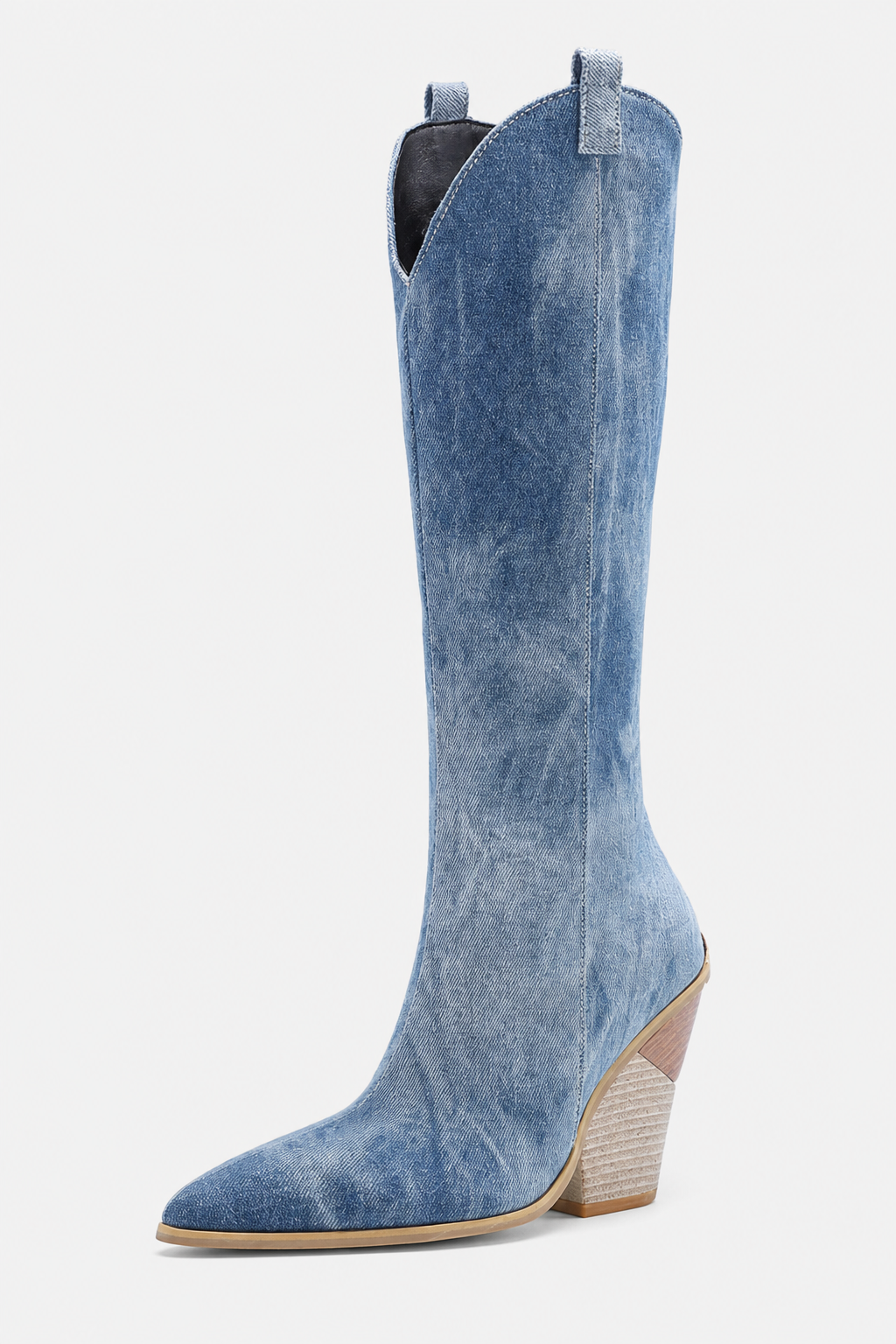 Bottes Santiags en Jean Bleu Lavé à Talon Compensé