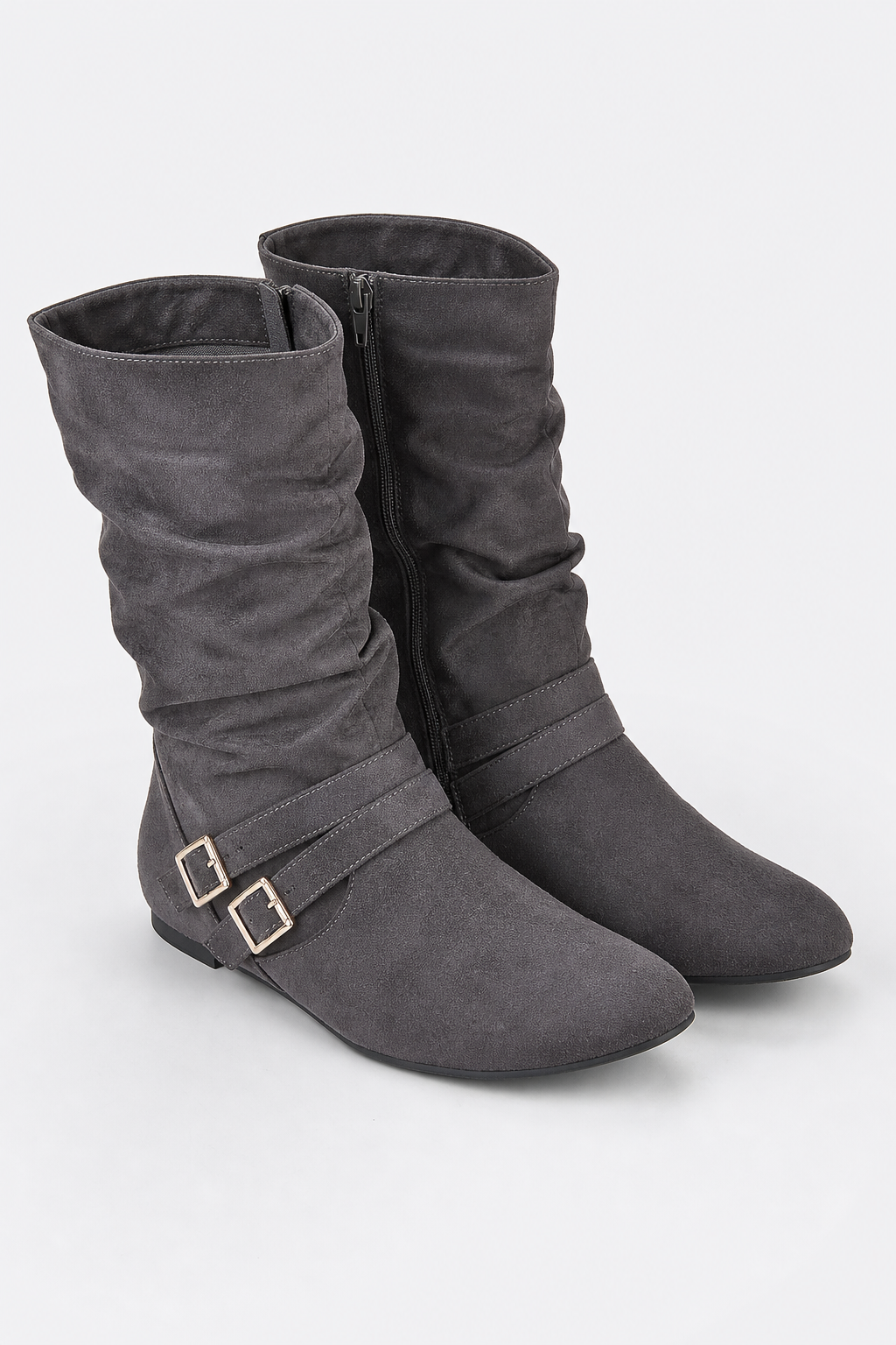 Bottes Plates en Daim Gris Anthracite Fronsées à Boucles
