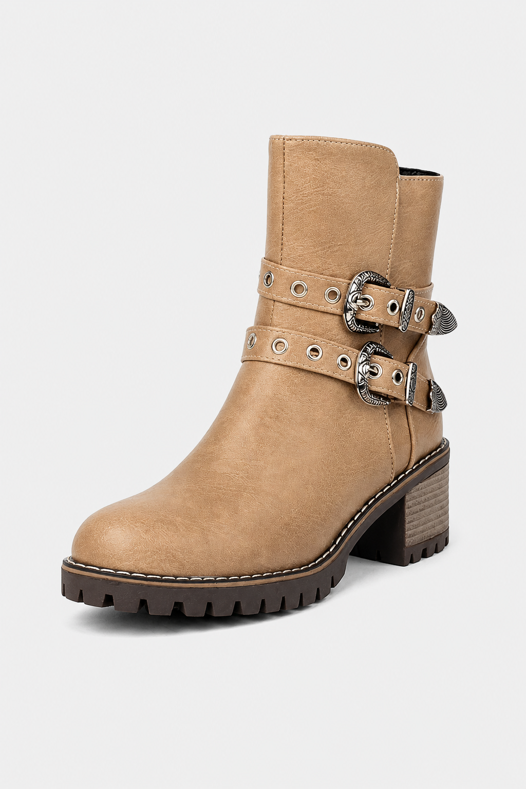 Bottines Biker en Similicuir Beige à Boucles Ornées