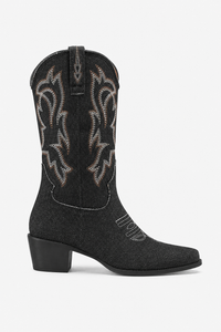 Bottes Santiags en Denim Noir à Broderies Western