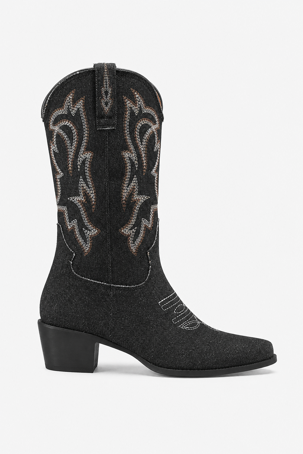 Bottes Santiags en Denim Noir à Broderies Western