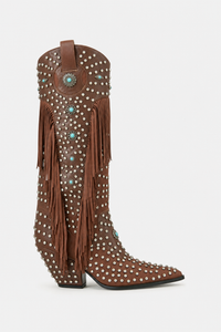 Bottes Santiags Cloutées Marron à Franges et Turquoise