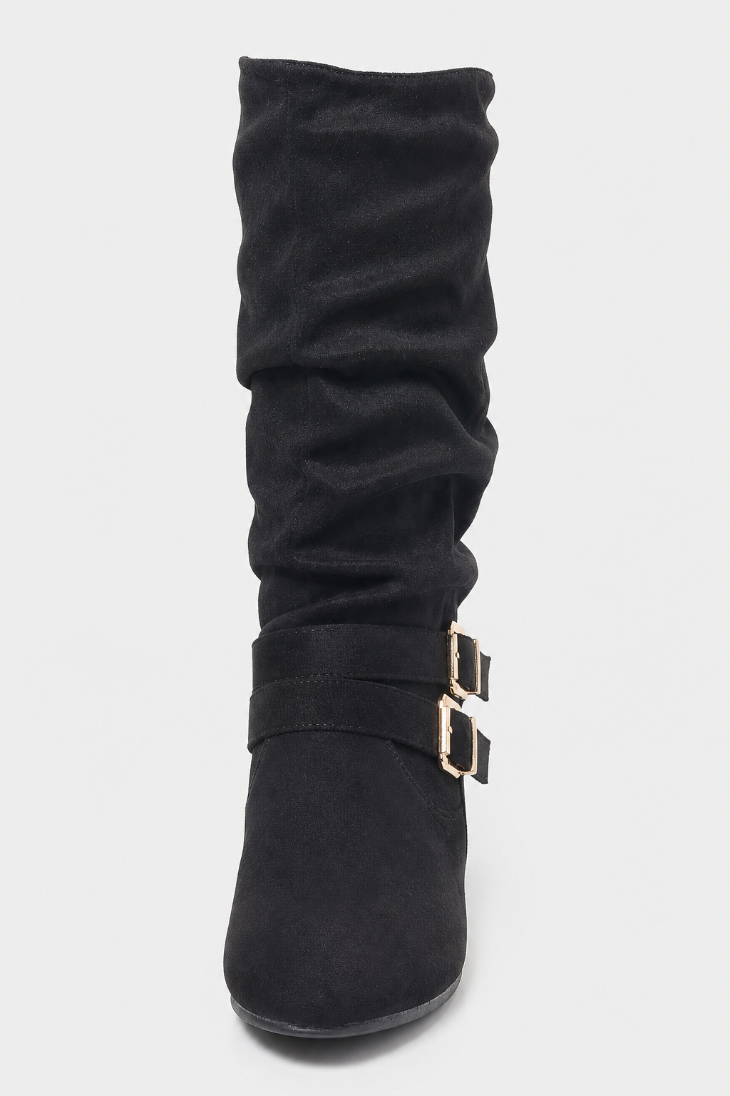 Bottes sans Talon en Daim Noir Plissée à Boucles Dorées