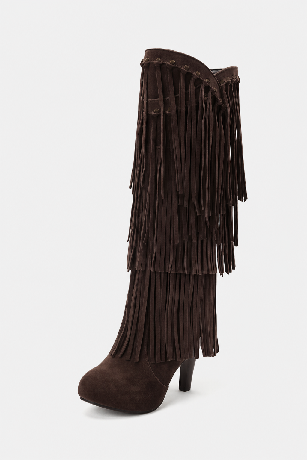 Bottes Hautes en Daim Marron à Franges et Talon