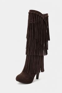 Bottes Hautes en Daim Marron à Franges et Talon