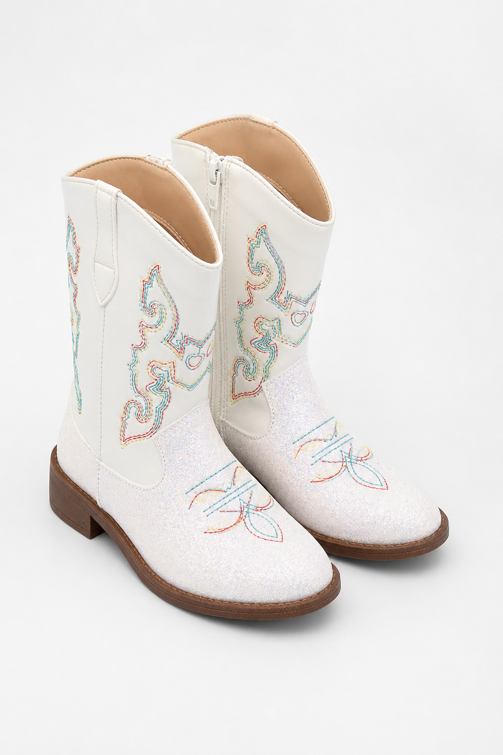 Santiags Blanches Pailletées à Broderies Multicolores
