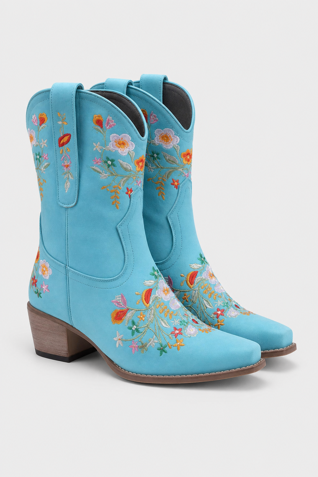 Bottes Santiags en Suédine Bleu Turquoise à Broderies Florales