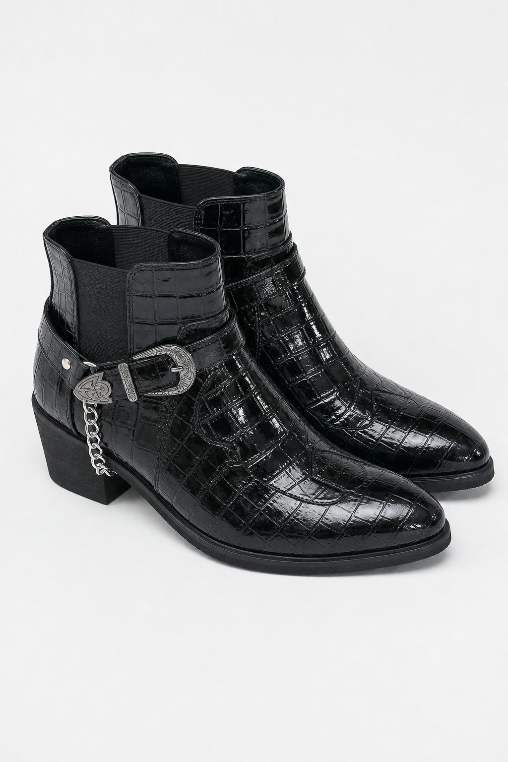 Bottines Noires Effet Croco Verni à Boucle Western et Chaîne