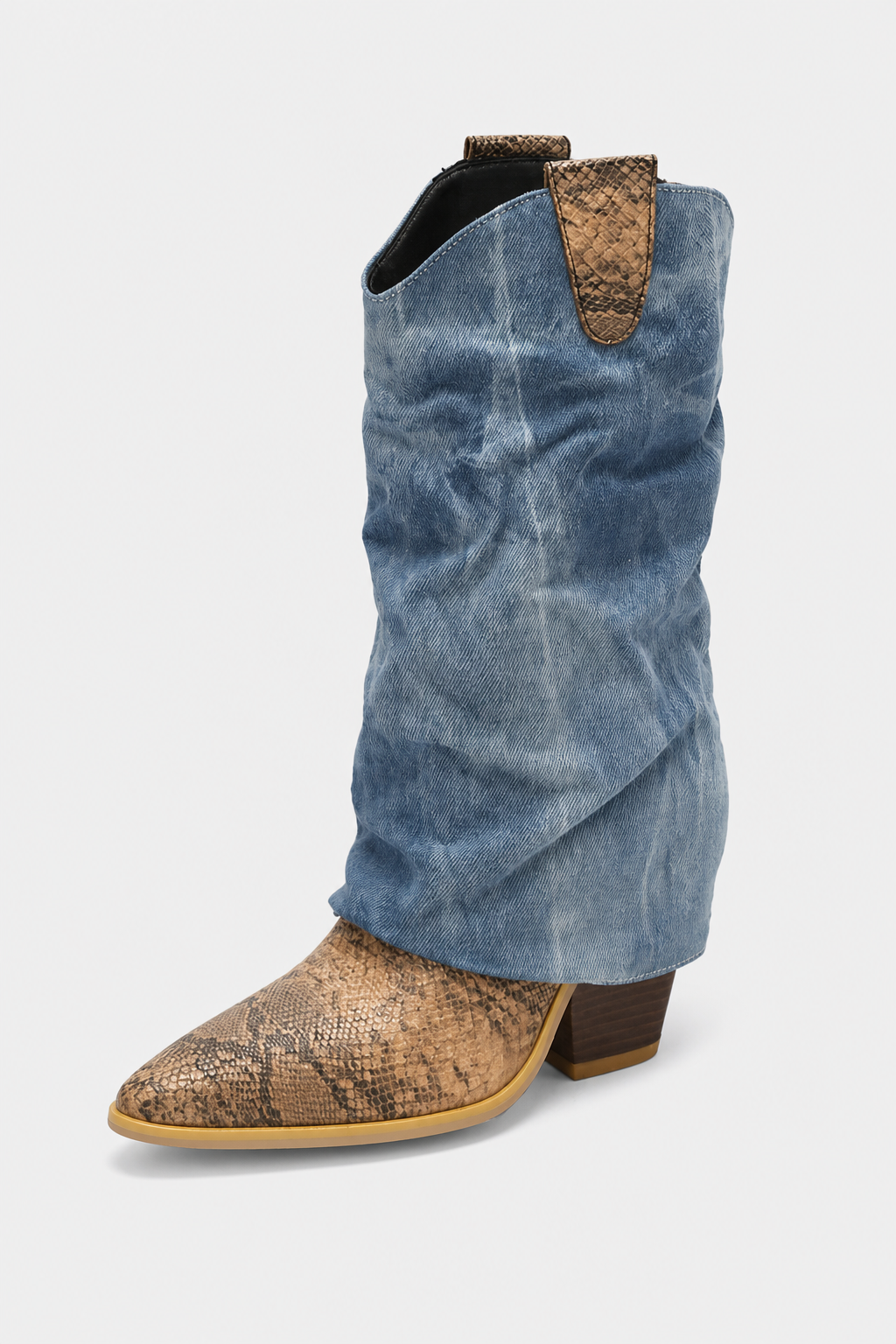 Bottes Santiags Plissées en Jean Délavé et Serpent