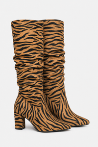 Bottes Hautes Froissées en Simili Daim à Motif Tigre