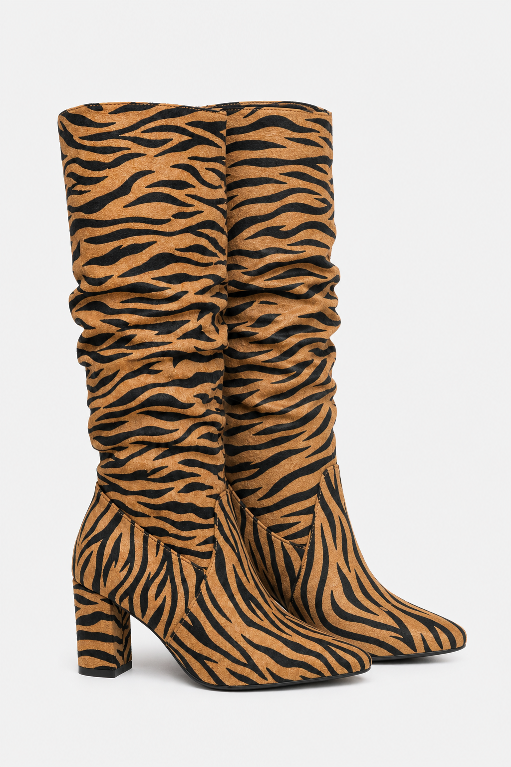 Bottes Hautes Froissées en Simili Daim à Motif Tigre