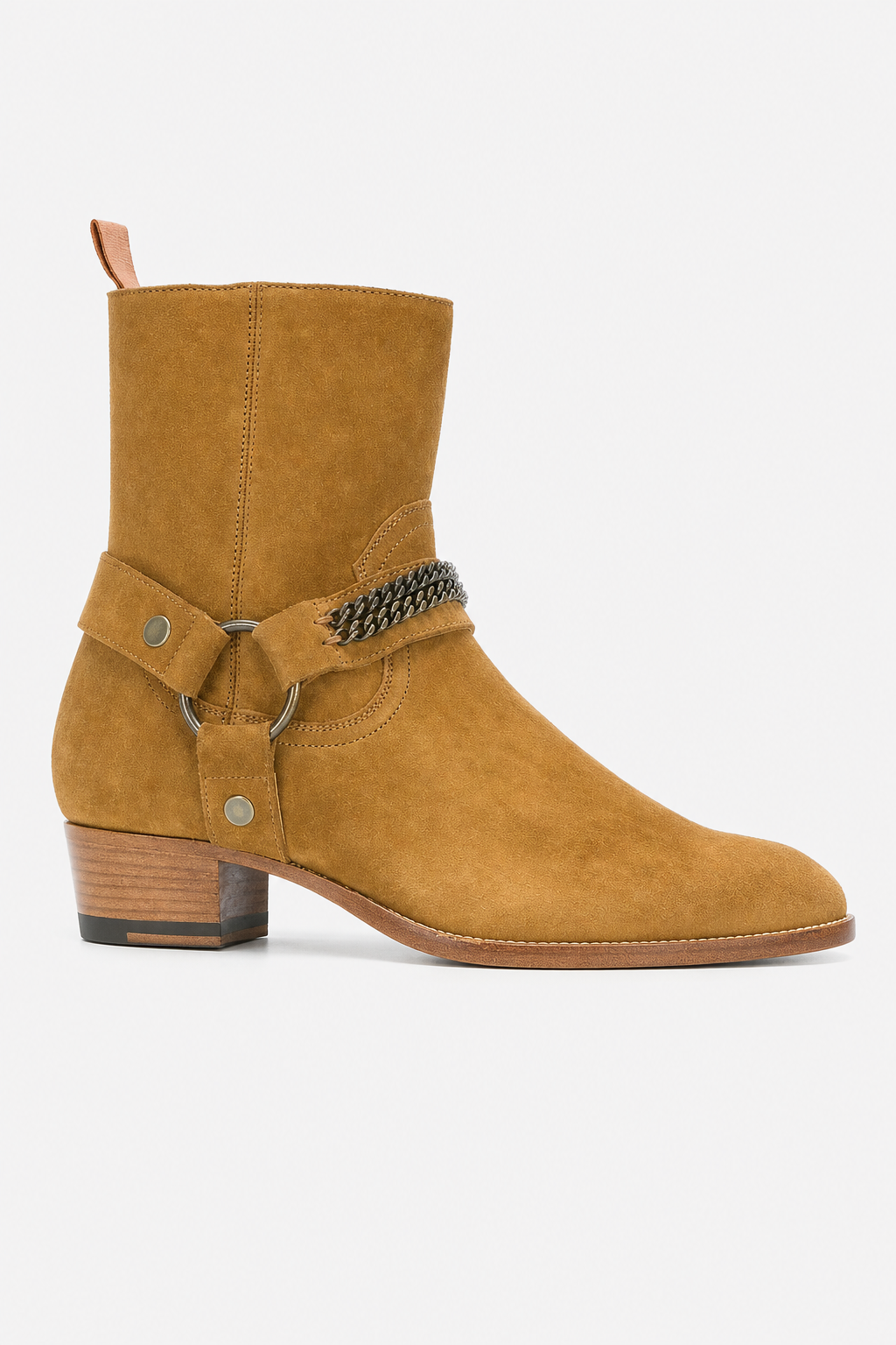 Bottine en Daim Camel à Harnais et Chaîne