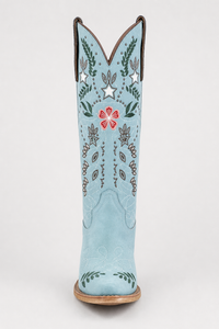 Bottes Santiags en Daim Bleu Ciel à Motifs Brodés