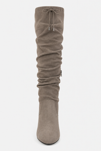 Bottes Cuissardes Froncées en Daim Gris à Talon Bloc