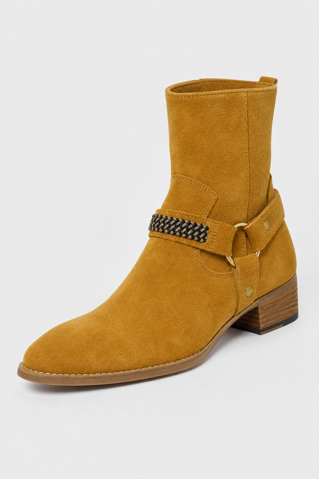 Bottines en Daim Jaune Ocre avec Chaîne et Talon Bloc