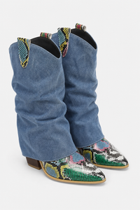 Bottes Santiags en Jean et Python Multicolore à Talon