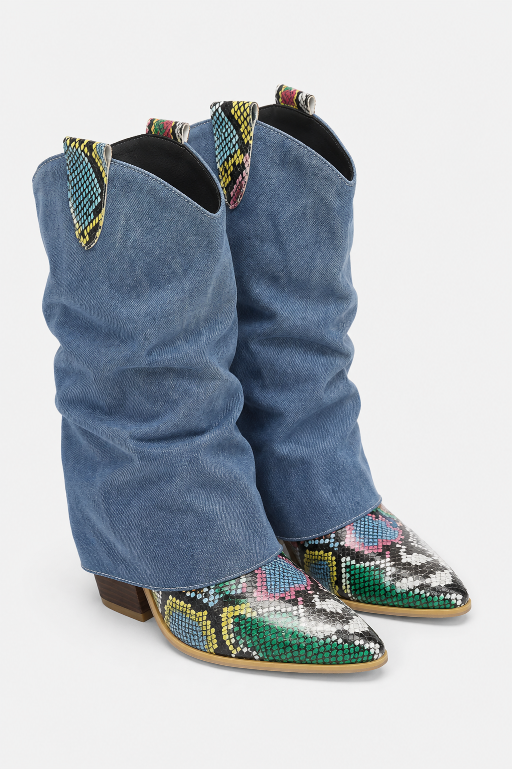 Bottes Santiags en Jean et Python Multicolore à Talon
