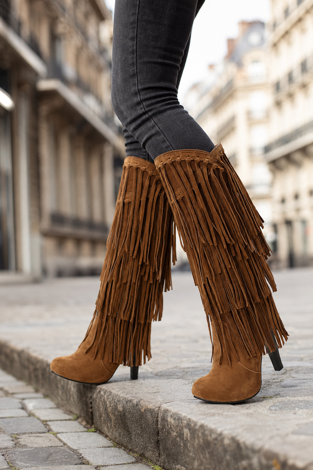 Bottes Cavalières en Daim Marron à Franges