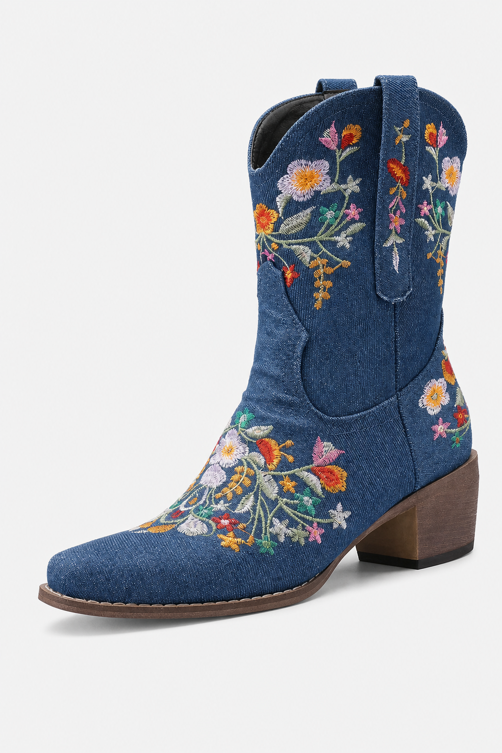 Bottines Santiags en Jean Bleu à Broderies Florales