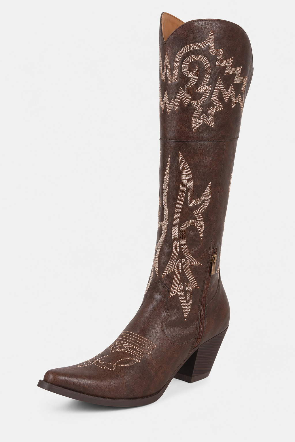 Bottes Santiags Hautes en Similicuir Marron Brodées
