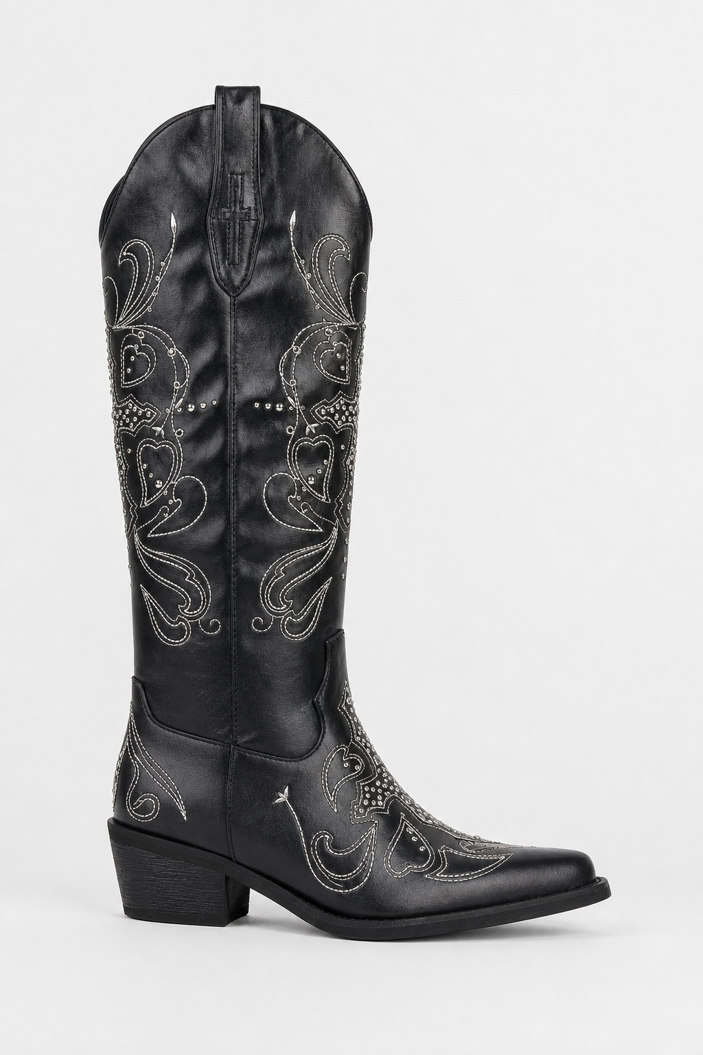 Bottes Santiags Noires à Broderies Blanches et Clous