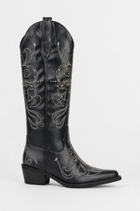 Bottes Santiags Noires à Broderies Blanches et Clous