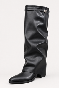 Bottes Plissées en Similicuir Noir à Bout Pointu