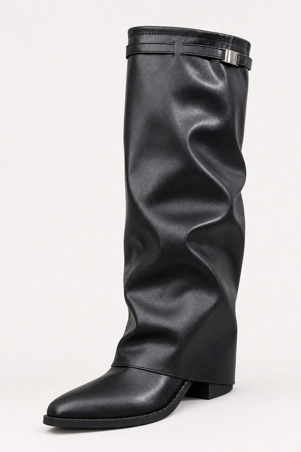 Bottes Plissées en Similicuir Noir à Bout Pointu