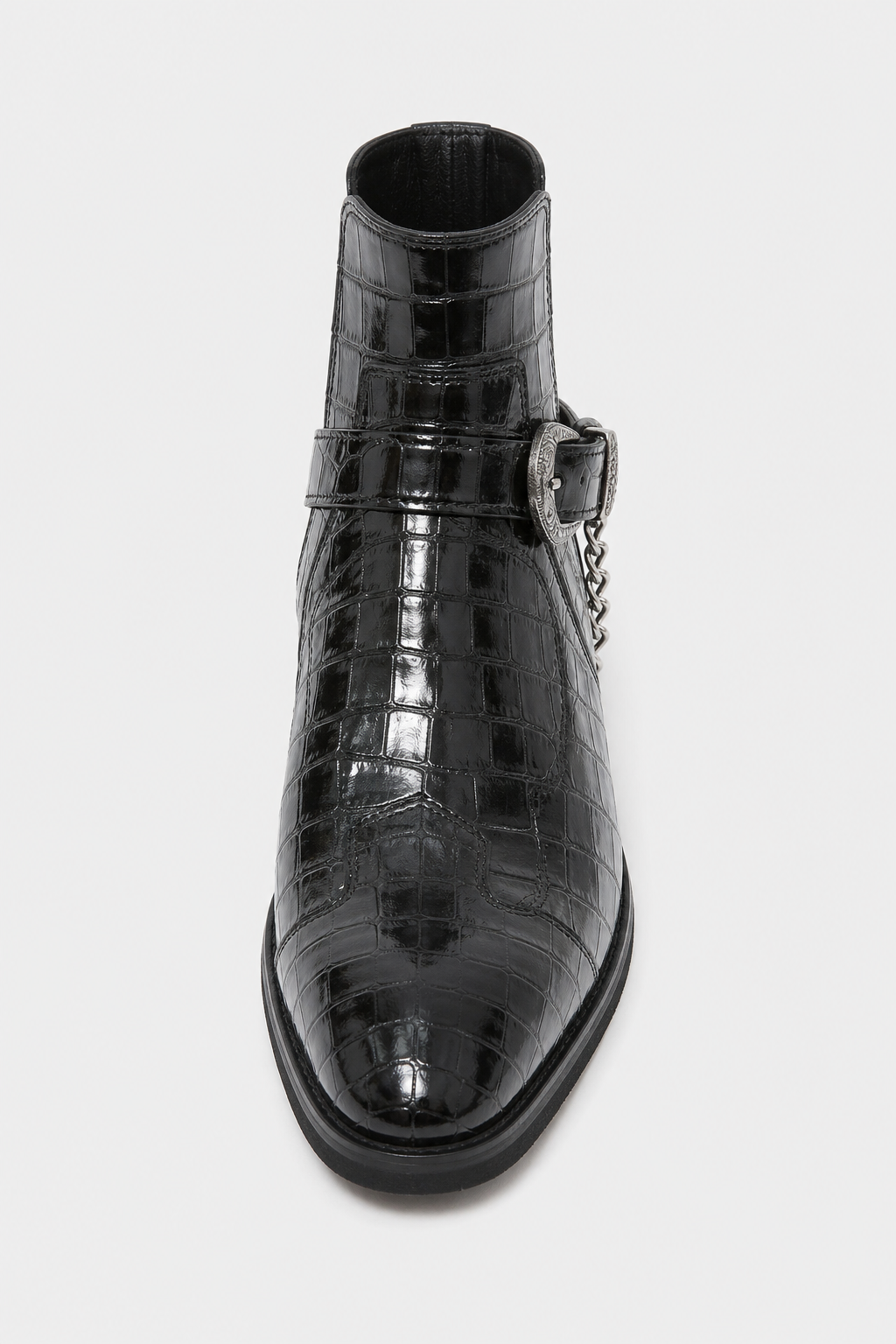 Bottines Noires Effet Croco Verni à Boucle Western et Chaîne