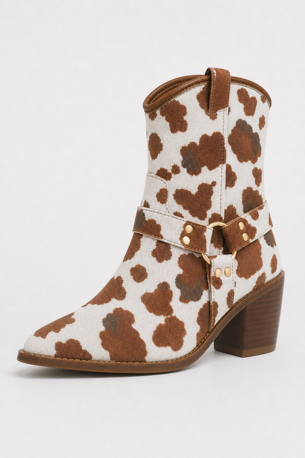 Bottes Santiags Basses à Motif Vache Blanc et Marron