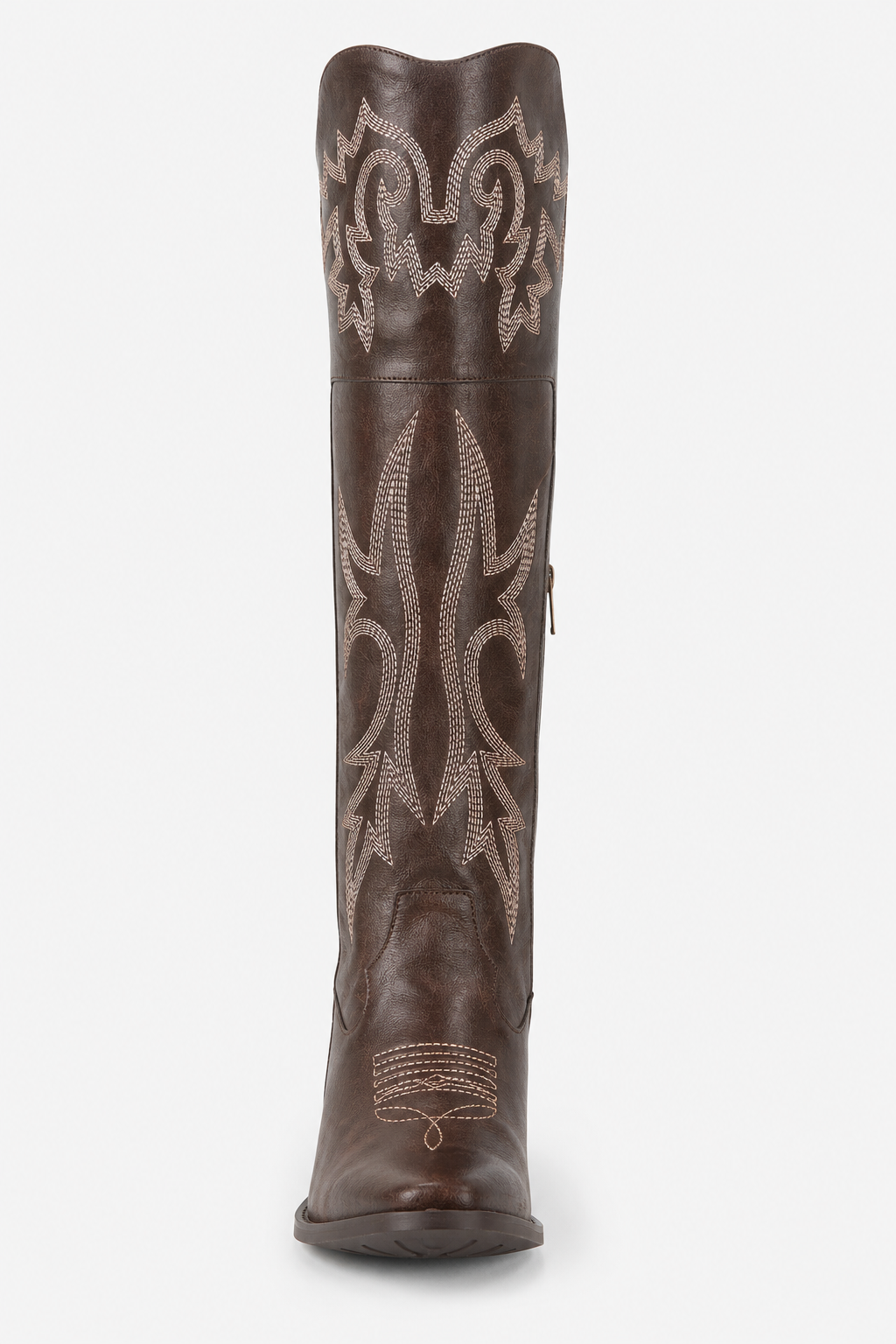 Bottes Santiags Hautes en Similicuir Marron Brodées