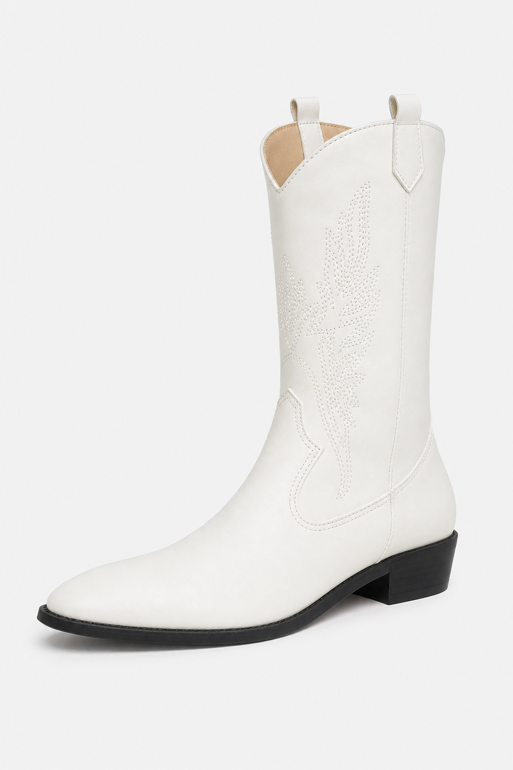 Bottes de Cowboy Blanches Mi-Mollet à Motifs Brodés