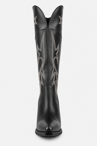Bottes Santiags Hautes en Similicuir Noir à Broderies Argentées