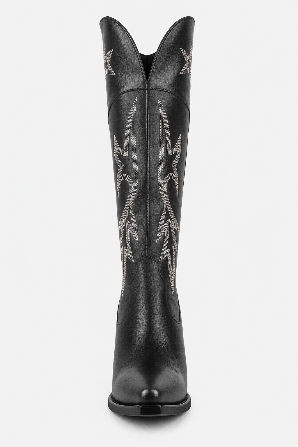 Bottes Santiags Hautes en Similicuir Noir à Broderies Argentées