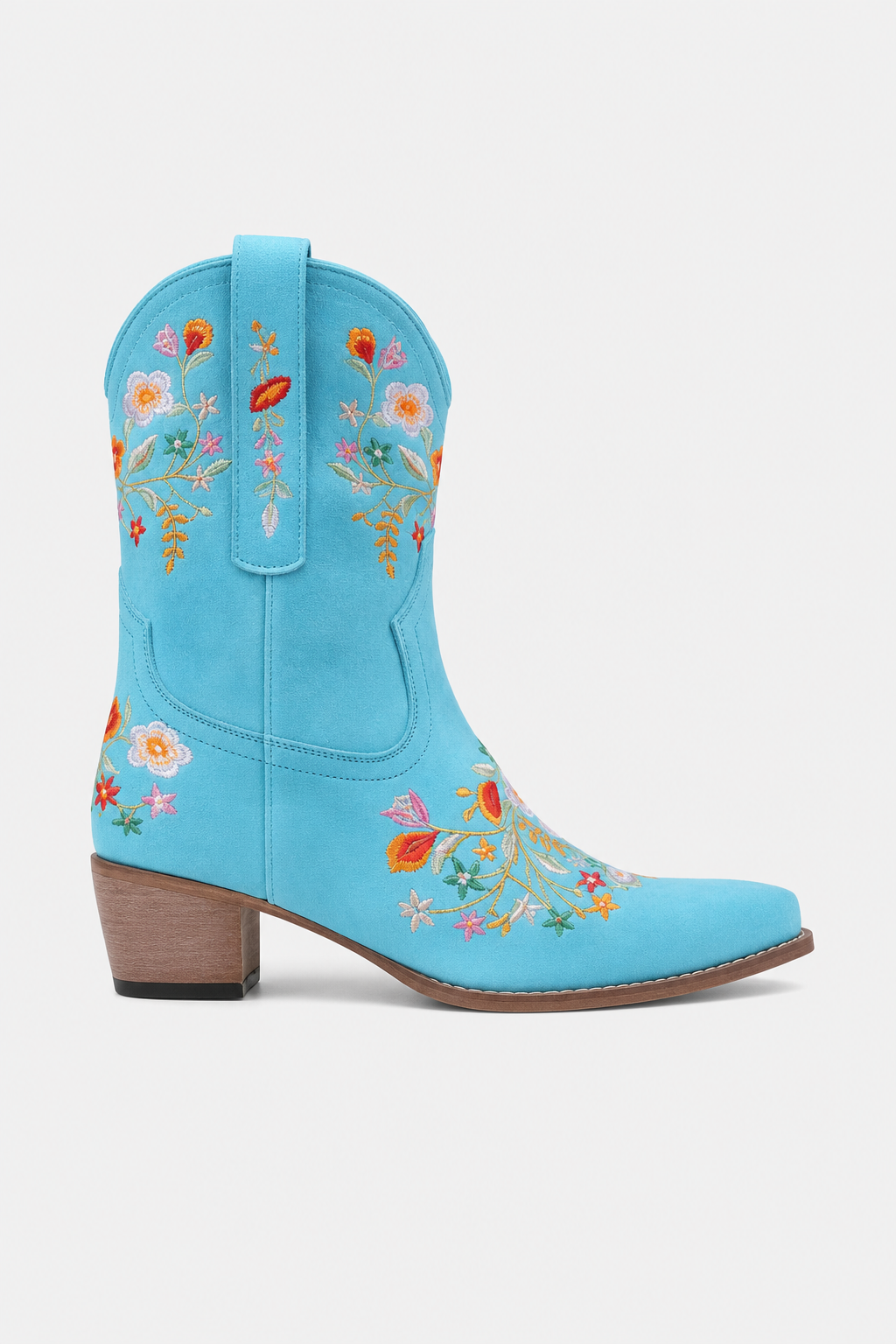 Bottes Santiags en Suédine Bleu Turquoise à Broderies Florales