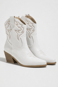 Bottes Santiags Blanches en Similicuir à Motifs Brodés