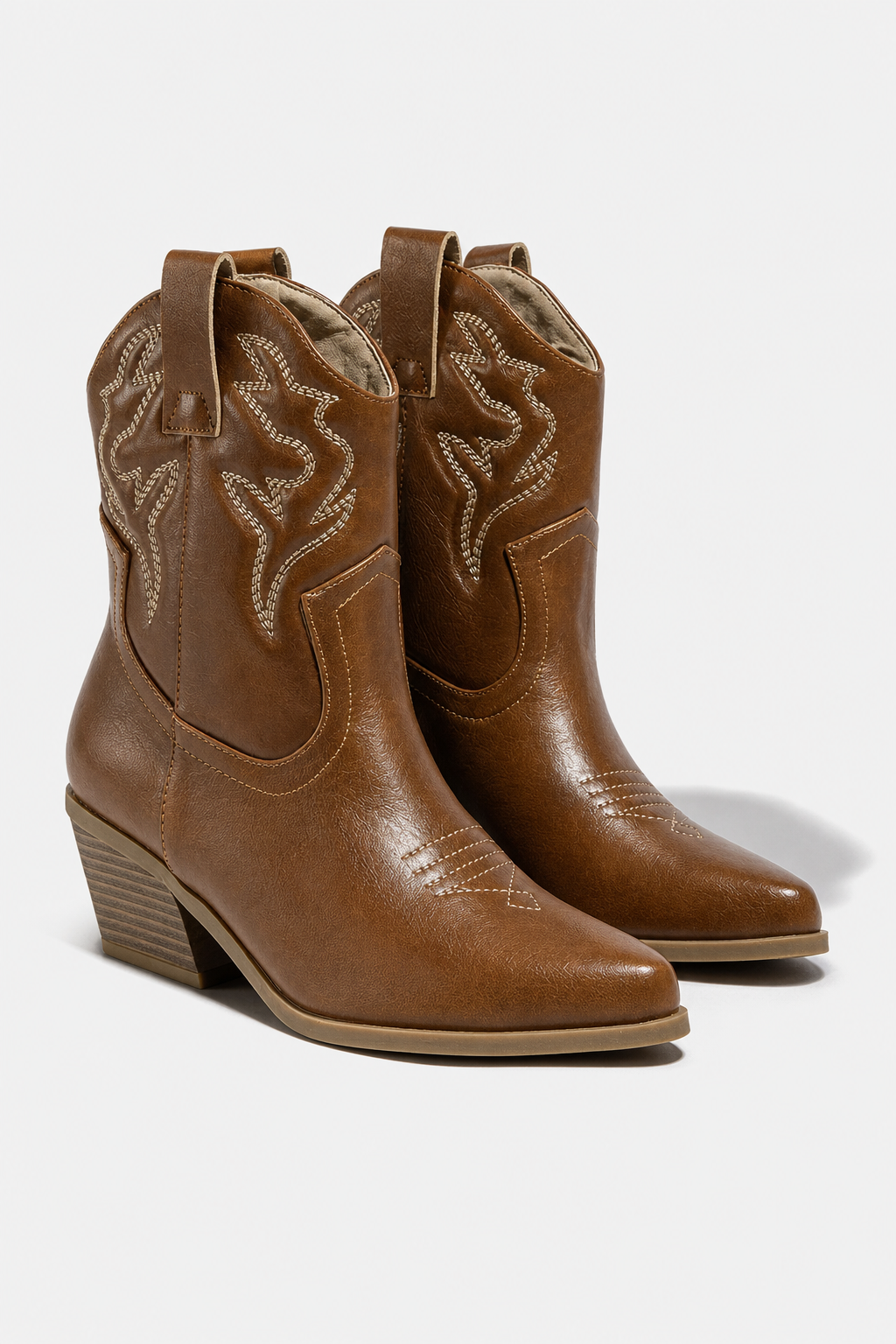 Bottes Santiags Cognac en Similicuir à Broderies