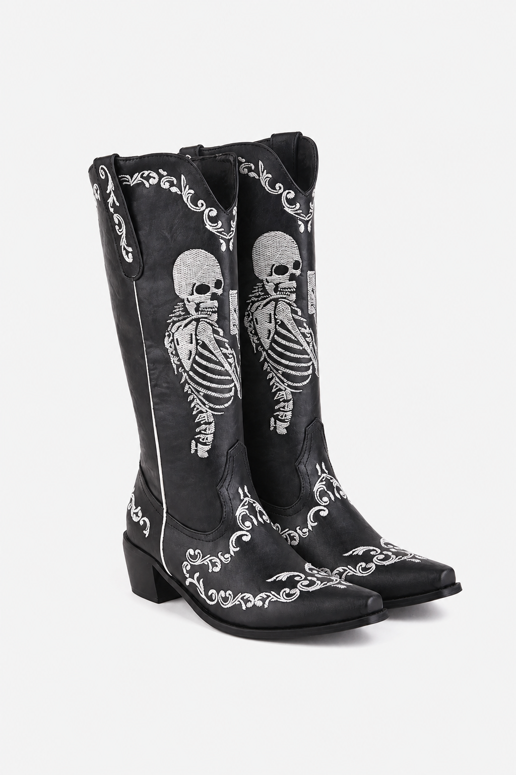 Bottes Santiags Noires à Squelette Brodé et Ornements