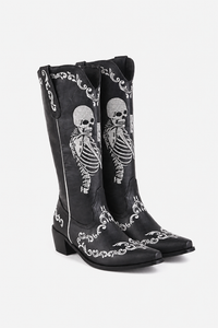 Bottes Santiags Noires à Squelette Brodé et Ornements