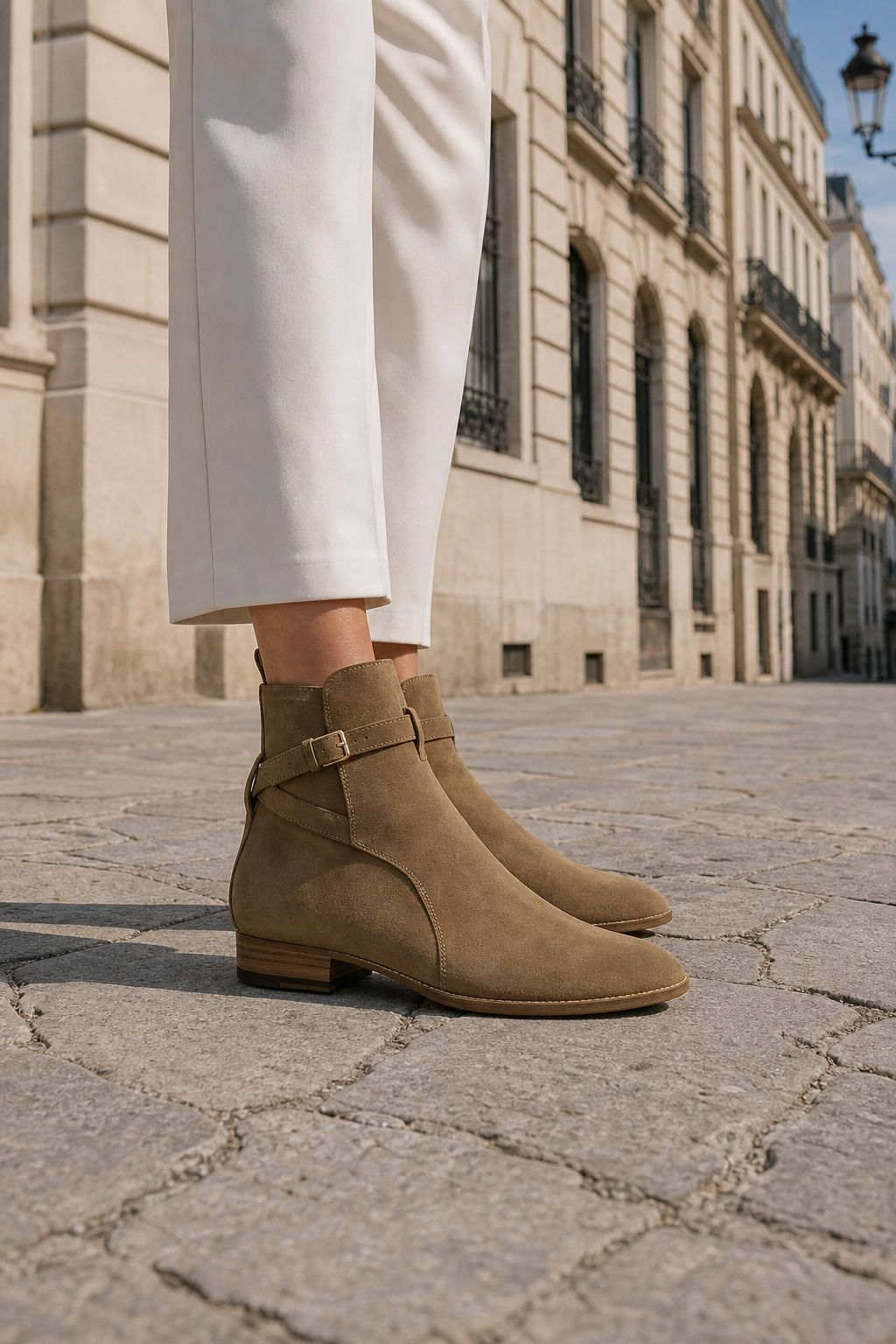 Bottine en Daim Taupe à Bride Bouclée