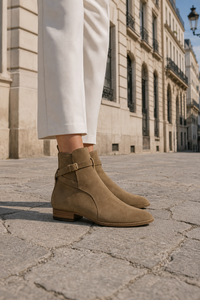 Bottine en Daim Taupe à Bride Bouclée