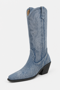 Bottes Santiags en Denim Bleu Délavé Brodées à Talon de 5 cm