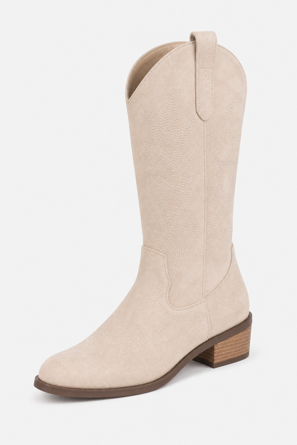 Bottes Montantes Santiags en Daim Beige à Broderies