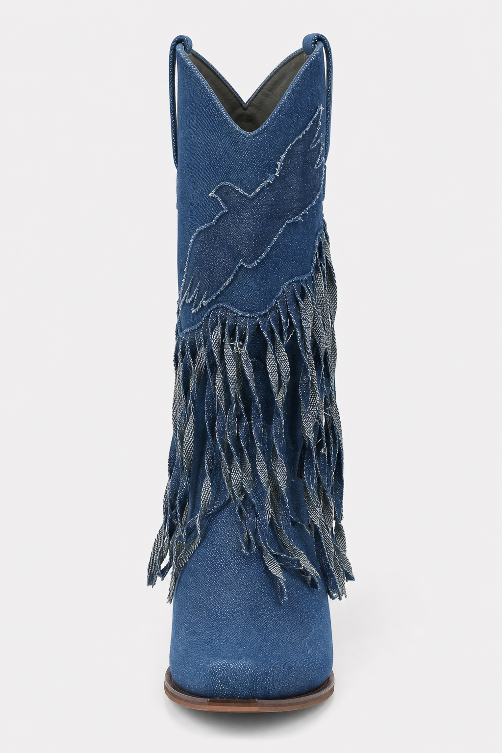 Bottes Country en Denim Bleu à Ailes Brodées et Franges