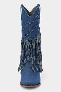 Bottes Country en Denim Bleu à Ailes Brodées et Franges