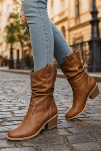 Bottines Style Western en Similicuir Camel Froissé