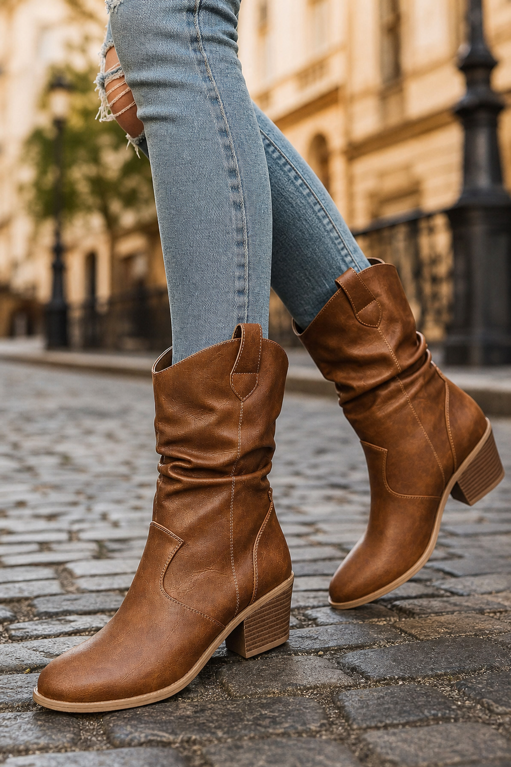 Bottines Style Western en Similicuir Camel Froissé